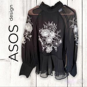 ASOS *Design* -14- Sheer Embroidered High Neck Blouse